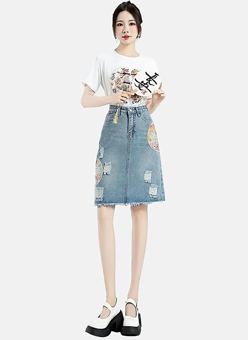 يونيكي Blue A-Line Printed Midi Skirt