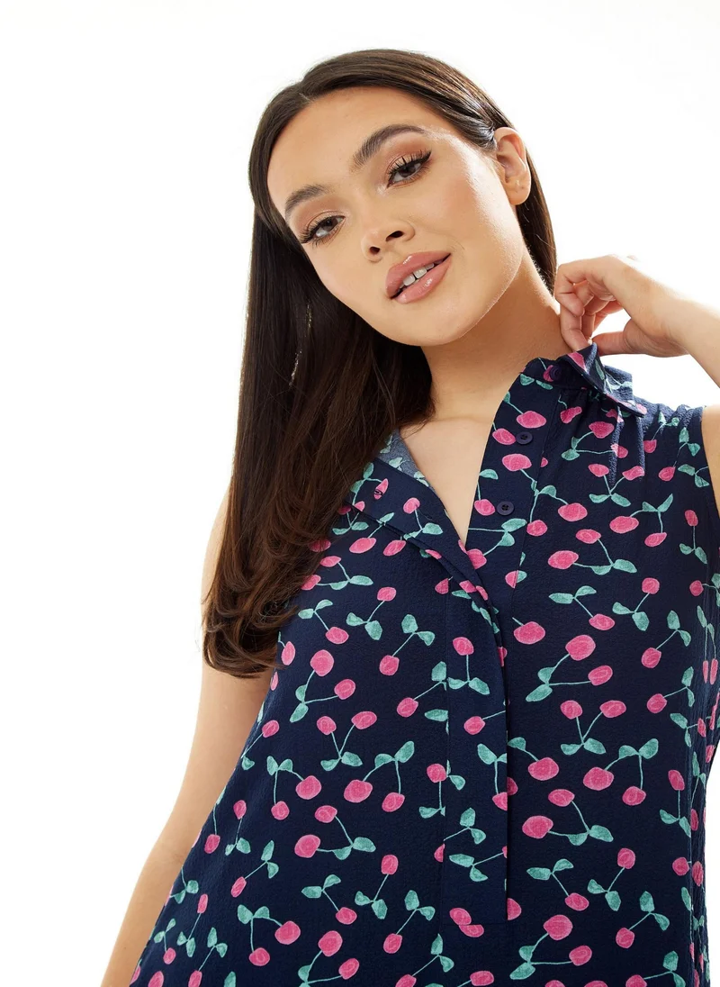 Liquorish Oversized Cherry Print Dress in Navy