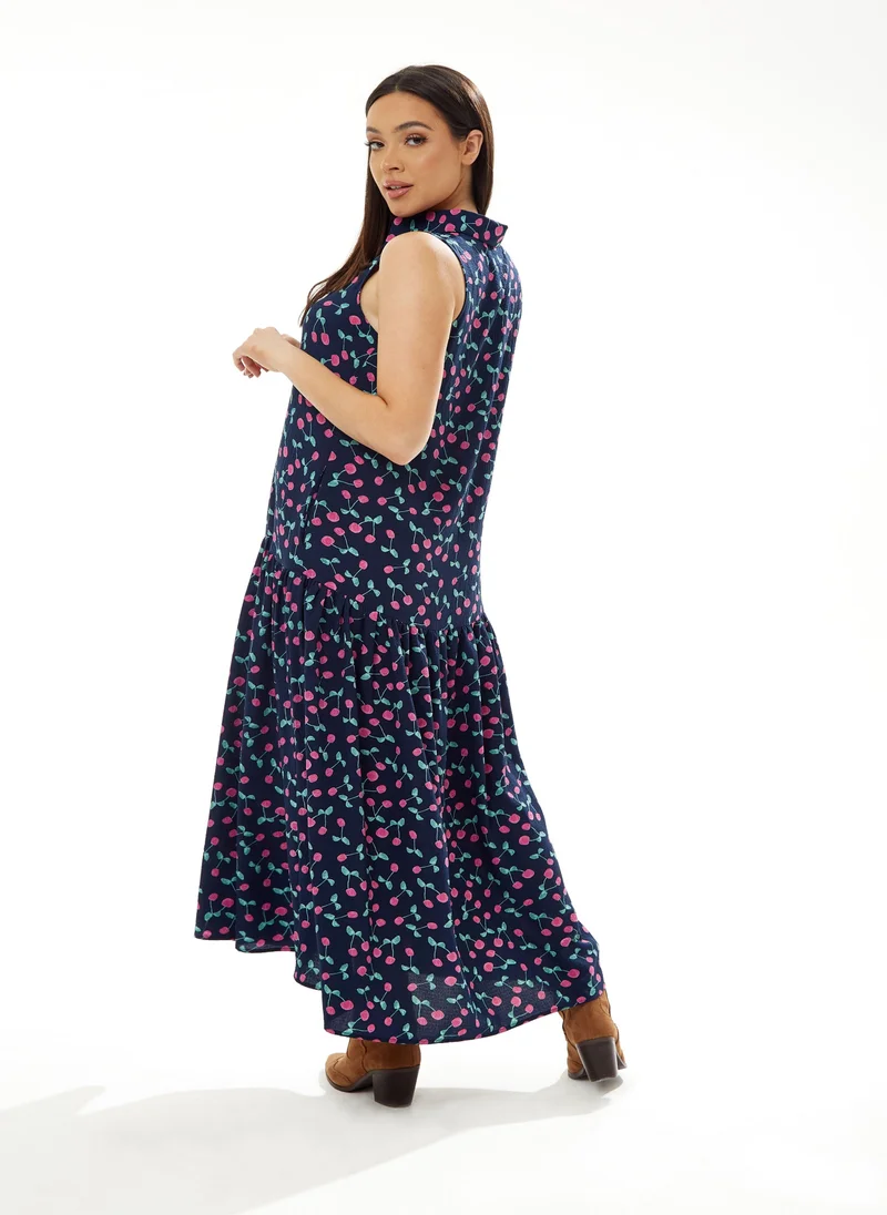 Liquorish Oversized Cherry Print Dress in Navy