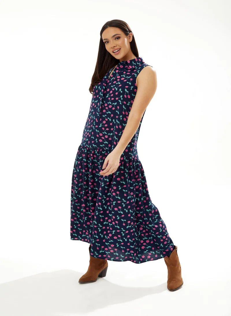 Liquorish Oversized Cherry Print Dress in Navy