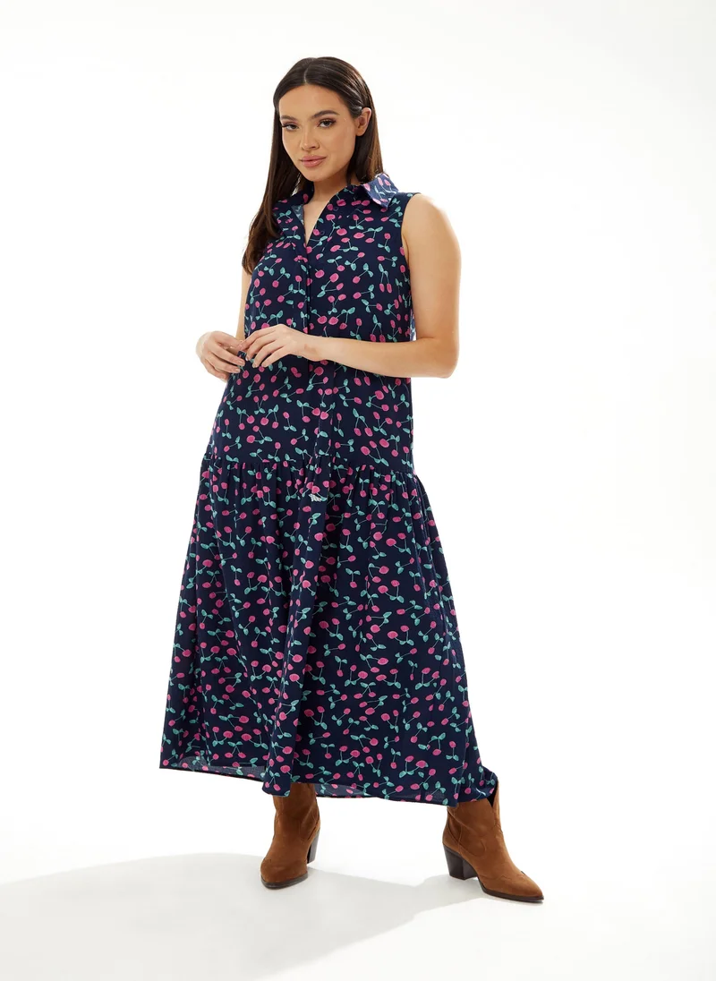 Liquorish Oversized Cherry Print Dress in Navy