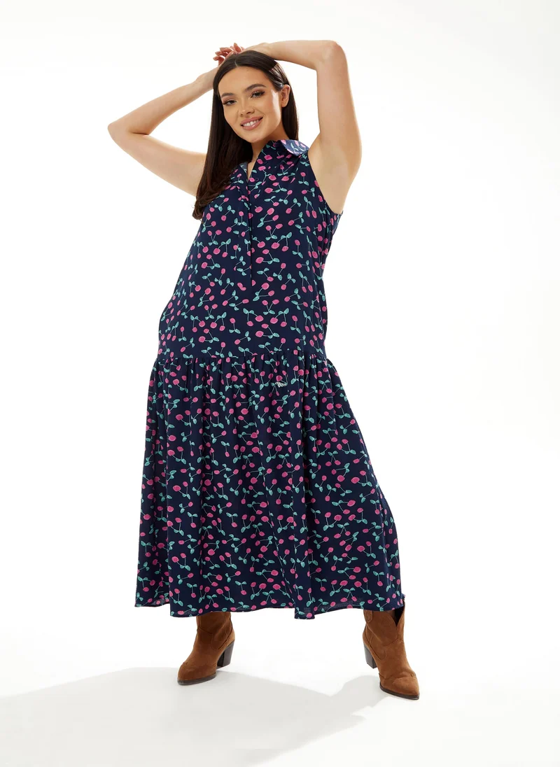 Liquorish Oversized Cherry Print Dress in Navy