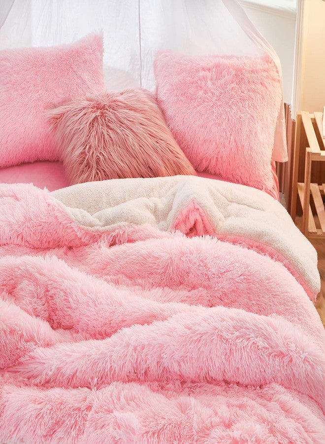 Flysheep Luxury Faux Fur Shaggy Comforter Set Full/Queen Size, Plush & Sherpa Reversible Comforter Pink, 3 Pieces Fluffy Fuzzy Bedding Set Ultra Soft and Warm for Winter (1 Comforter + 2 Pillowcases) - Image 4