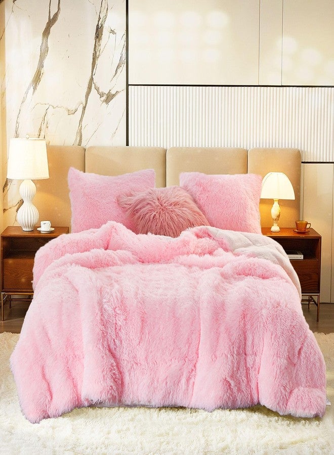 Flysheep Luxury Faux Fur Shaggy Comforter Set Full/Queen Size, Plush & Sherpa Reversible Comforter Pink, 3 Pieces Fluffy Fuzzy Bedding Set Ultra Soft and Warm for Winter (1 Comforter + 2 Pillowcases) - Image 1