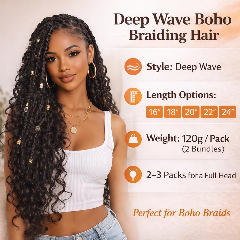 JINHUI Human Braiding Hair Mix Synthetic Deep Wave Bulk Hair for Braiding, 18 Inch Wet and Wavy Braiding Hair 2 Pcs Boho Hair for Braiding Curly Bohemian Hair Extensions - Image 3