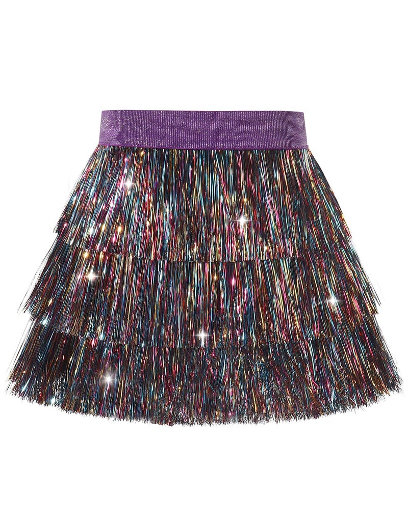 Noomelfish Girls Tinsel Fringe Skirt Sparkly Tassel Metallic Party Skirt, Rainbow, Size 11-12 Years - Image 1