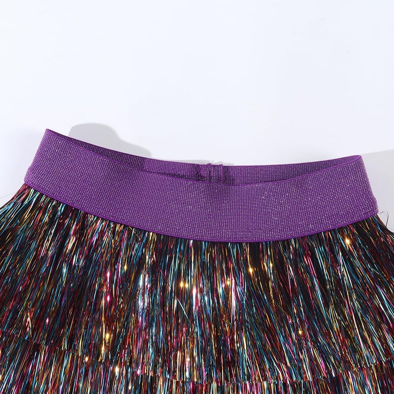 Noomelfish Girls Tinsel Fringe Skirt Sparkly Tassel Metallic Party Skirt, Rainbow, Size 11-12 Years - Image 2