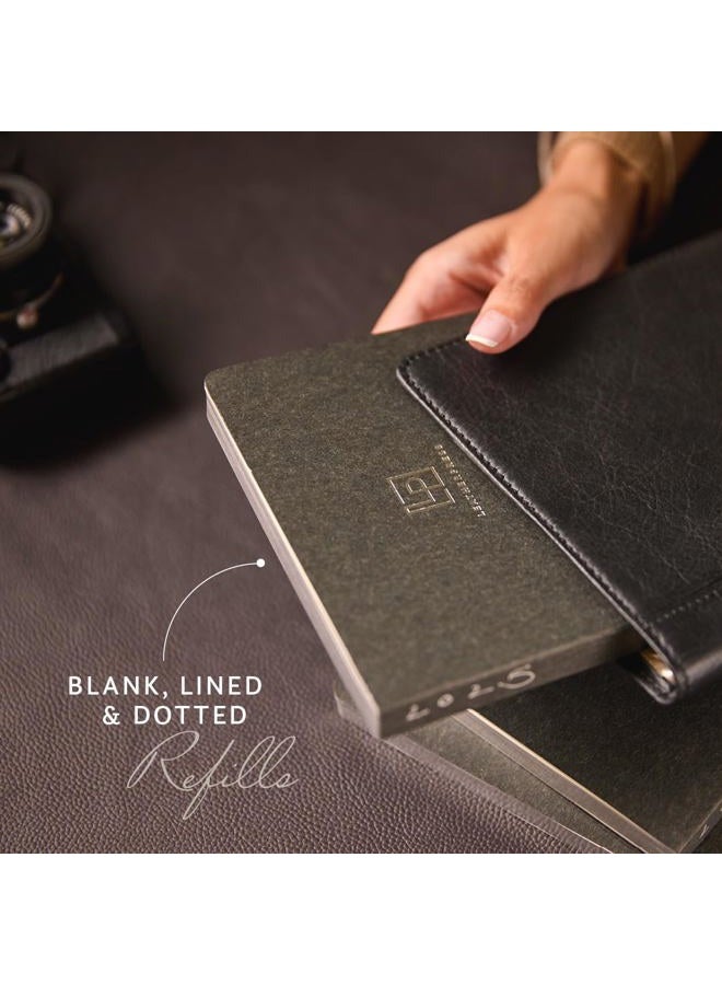 Leatherpress Leather Refillable Journal/Writing Notebook, 120gsm Thick Paper, 160 Pages, (8.6” x 6.1” x .8”), Full-grain African Leather, Heritage Collection, Fedora Black, Dotted - Image 3