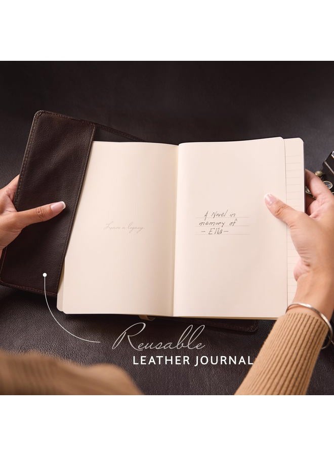 Leatherpress Leather Refillable Journal/Writing Notebook, 120gsm Thick Paper, 160 Pages, (8.6” x 6.1” x .8”), Full-grain African Leather, Heritage Collection, Fedora Black, Dotted - Image 2