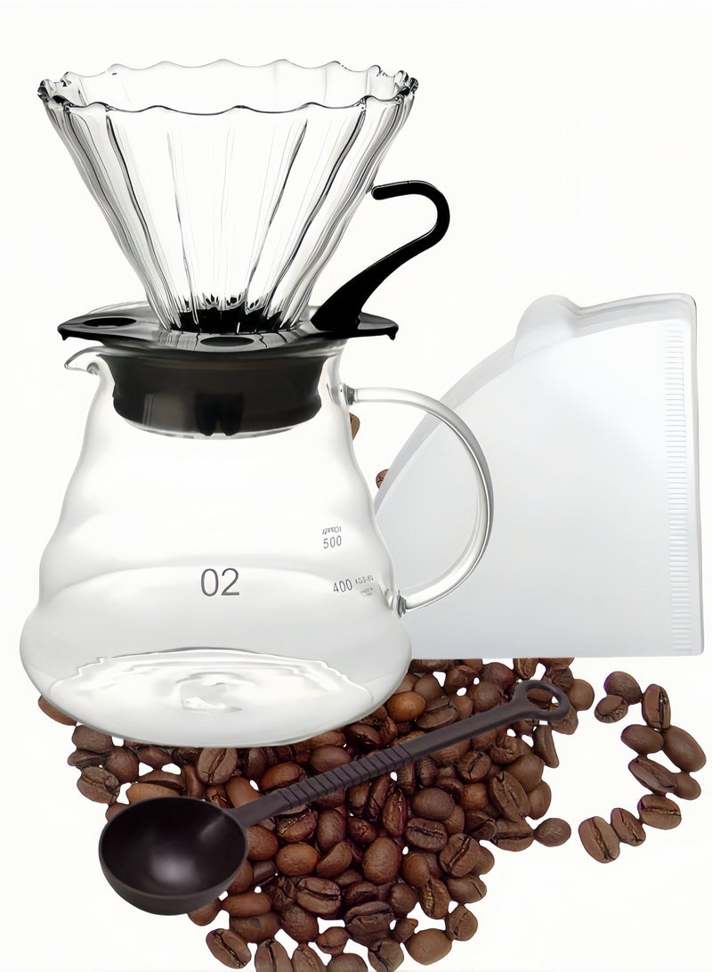 nihao 4 PCS Pour Over Coffee Share Pot With Filter, V60 Coffee Tools, V60 Coffee Maker set with 100 pcs V60 Paper Filter, Borosilicate Glass Coffee Cup, V60 600ml Drip Coffee Brewer - Image 1