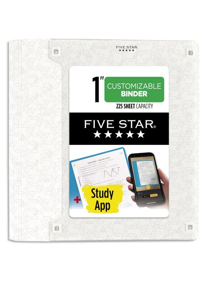 Five Star مجلد 3 حلقات، مجلد 1 إنش مع حلقات D، غلاف شفاف قابل للتخصيص + تطبيق دراسي، بولي، أبيض (261440A-ECM) - Image 1