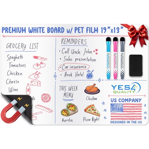 YES4QUALITY Magnetic Dry Erase Whiteboard Sheet for Fridge - 19x13 - Stain Resistant Technology with 3 Fine Tip Markers & Big Eraser with Magnet - Refrigerator White Board Planner Organizer - by Yes4Quality - Image 1