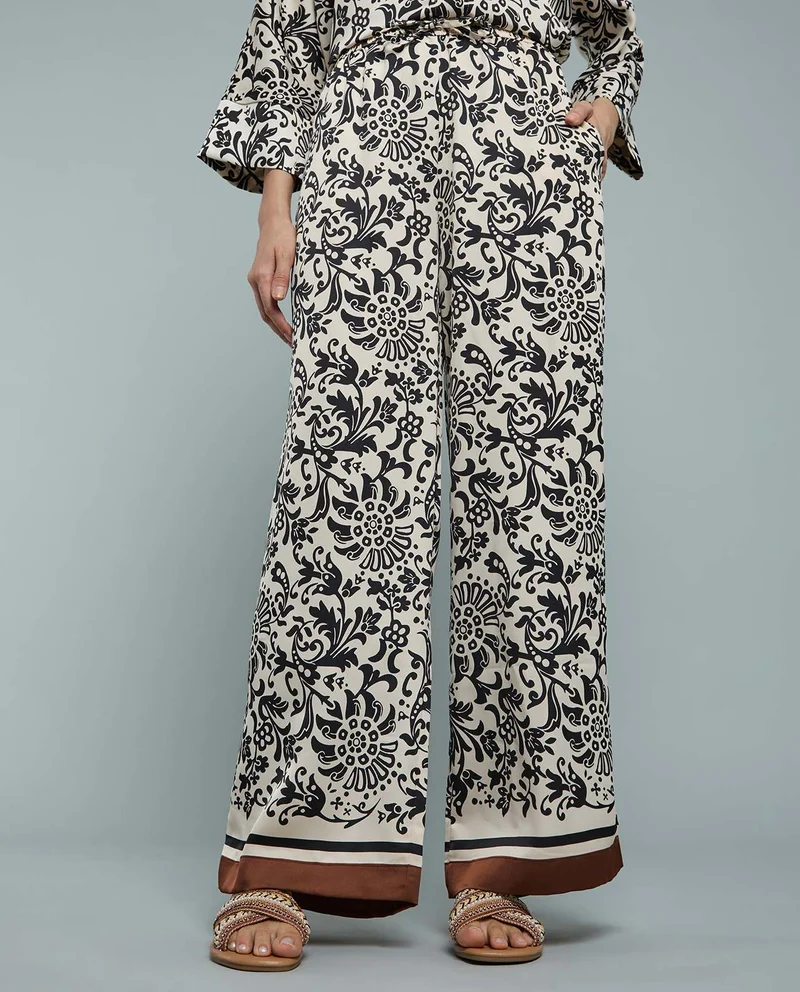 R&b Patterned Satin Wide Leg Pants with Drawstring Waist