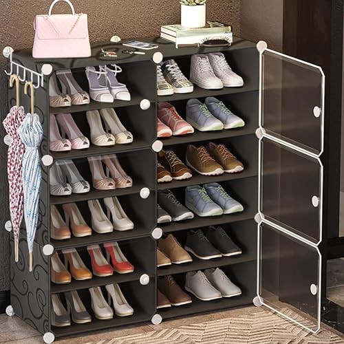 Oumffy Shoe Rack Plastic 𝟏𝟐 𝐒𝐡𝐞𝐥𝐟 & 𝟔 𝐃𝐨𝐨𝐫 | DIY Multi-Purpose Shoe Rack for Home | 𝐁𝐥𝐚𝐜𝐤 Home Storage Rack with Door for Entryway, Chappal Slipper Sandals Shoe Stand - Image 1