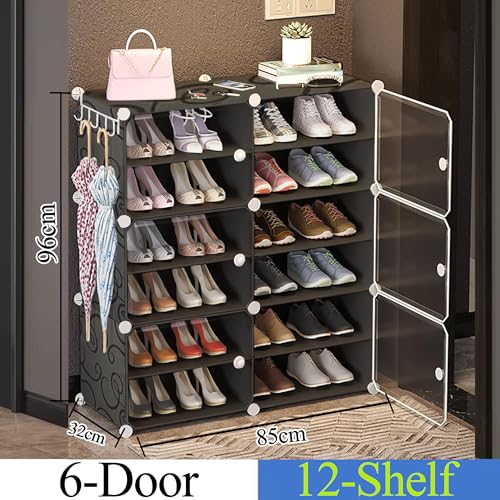 Oumffy Shoe Rack Plastic 𝟏𝟐 𝐒𝐡𝐞𝐥𝐟 & 𝟔 𝐃𝐨𝐨𝐫 | DIY Multi-Purpose Shoe Rack for Home | 𝐁𝐥𝐚𝐜𝐤 Home Storage Rack with Door for Entryway, Chappal Slipper Sandals Shoe Stand - Image 2