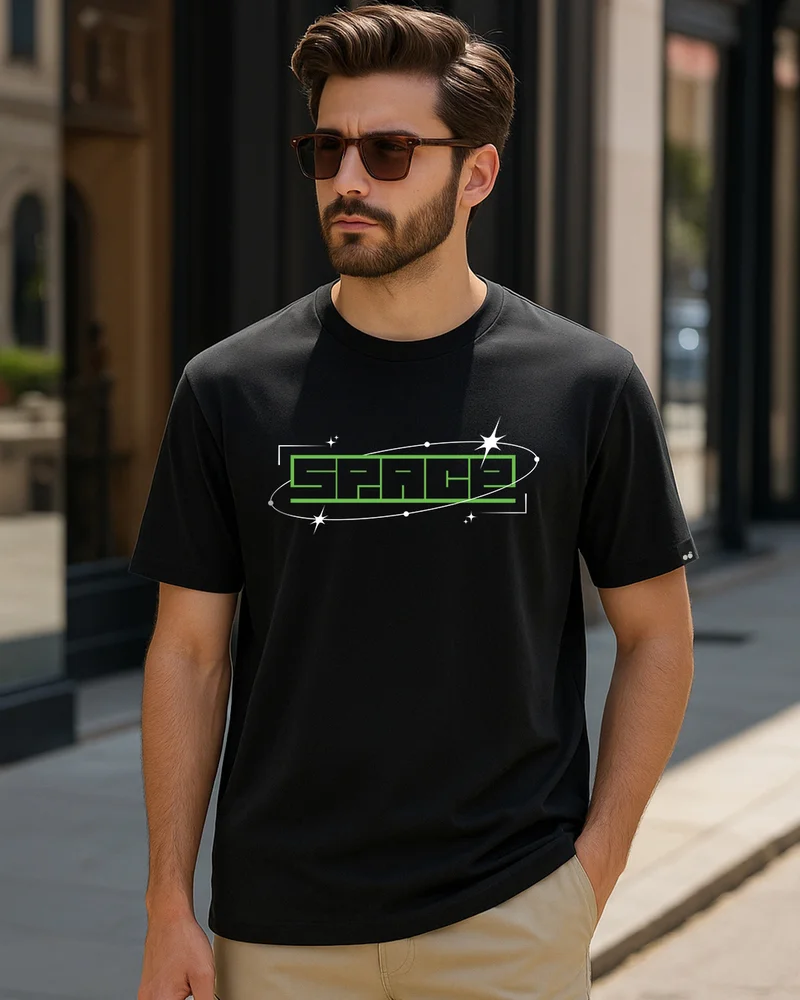 بيواكوف Men's Jet Black Space Typography T-shirt