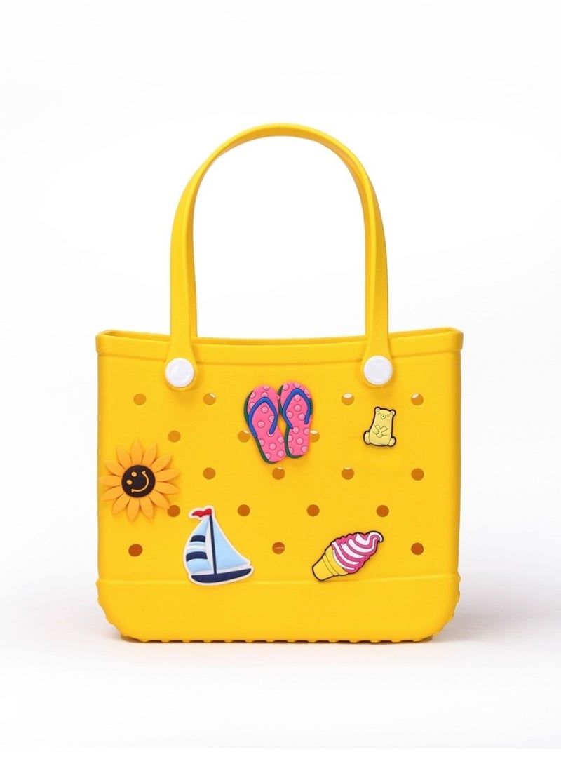 EVA Rubber Beach Tote Bag with 5 Summer Charms | Waterproof, Durable & Easy-to-Clean | Spacious Summer Beach Bag for Women & Family | (Yellow - Large) - Image 1