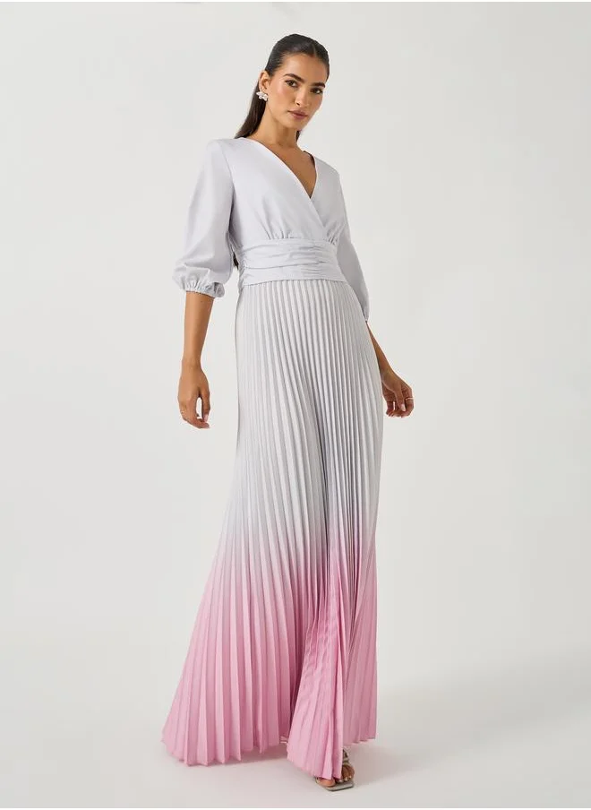 Styli Styli Ombre Print Pleated Balloon Sleeves A-Line Maxi Dress