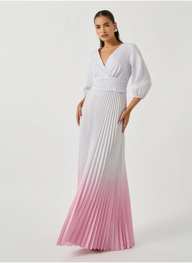 Styli Styli Ombre Print Pleated Balloon Sleeves A-Line Maxi Dress