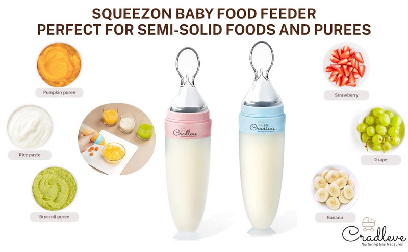 CRADLEVE Squeezon Baby Food Feeder (90ml), First Feed Silicone Food Feeder, Soft Silicone Spoon, BPA-Free for Cereals, Puree and Semisolids for Infants | Variable Flow Control/Anti Choke | 4m+ (Blue) - Image 4