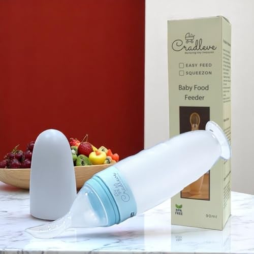 CRADLEVE Squeezon Baby Food Feeder (90ml), First Feed Silicone Food Feeder, Soft Silicone Spoon, BPA-Free for Cereals, Puree and Semisolids for Infants | Variable Flow Control/Anti Choke | 4m+ (Blue) - Image 1
