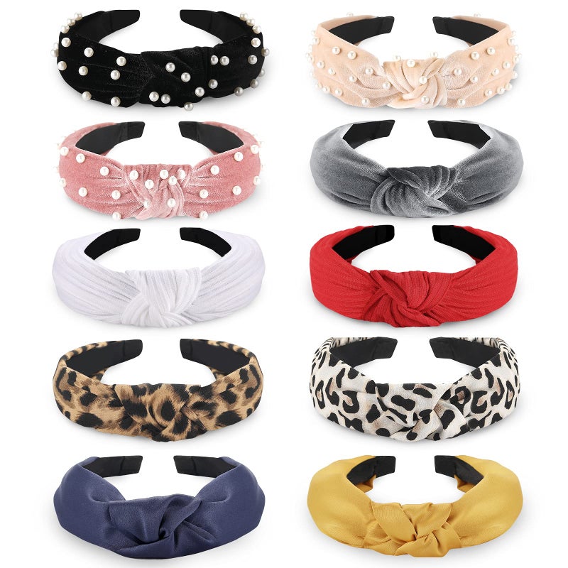 Funtopia Fashion Headbands for Women Girls, 10 Pcs Knotted Pearl Wide Top Knot Turban Hair Bands/ Hoops Vintage Velvet Leopard Print - Image 1