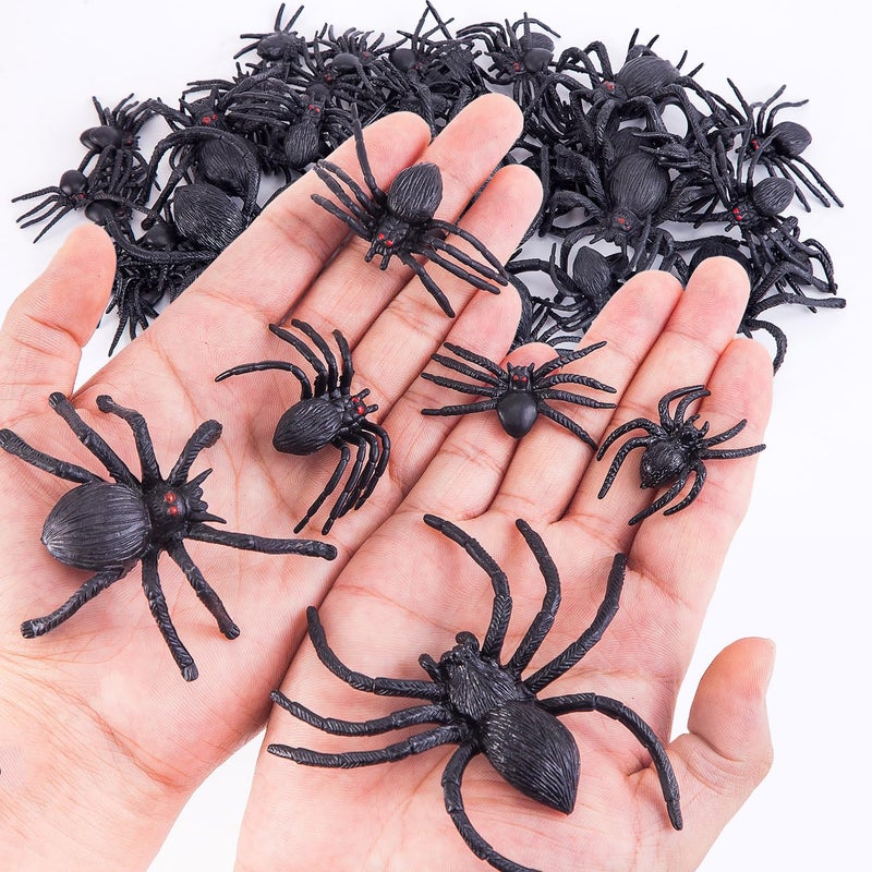 JIALWEN 60 Pieces Realistic Plastic Spiders Black Fake Spider Toys and Spider Rings Spider Toys Halloween Prank Prop for Halloween Home Party Decorations Multiple Sizes and Styles - Image 3