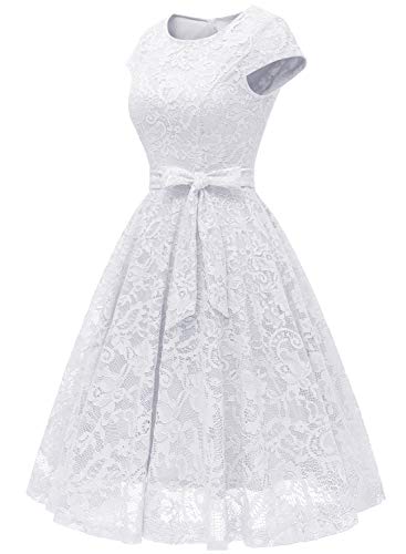 MUADRESS فستان كوكتيل أنيق بأكمام قصيرة من MUADRESS للنساء مزين بالدانتيل وزهور، بطول الركبة، فساتين وصيفات العروس لحفلات البياض L - Image 3