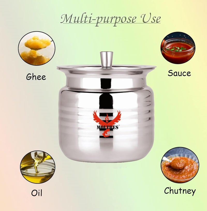 MOLTRES Ringer Stainless Steel Ghee Pot Dishwasher Freezer and Microwave Safe Ideal Storage Container for Ghee and Oil Pack Of 2 - Image 4
