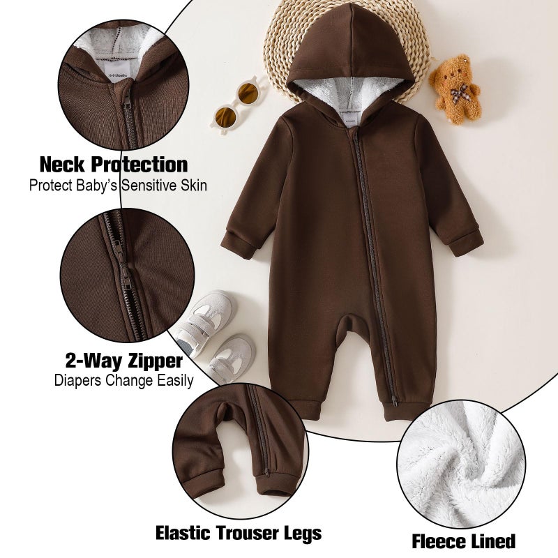 ROMPERINBOX Baby Boy Jumpsuit 2-Way Zipper Romper Hooded Fleece Lined Long Sleeve Footless Solid Outfits (Brown, 12-18 Months) - Image 2
