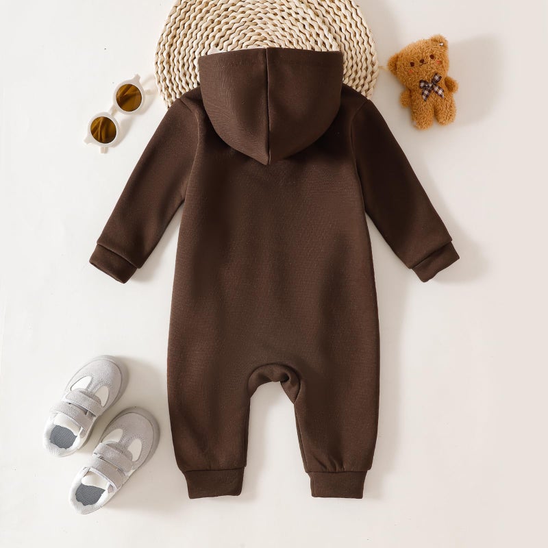 ROMPERINBOX Baby Boy Jumpsuit 2-Way Zipper Romper Hooded Fleece Lined Long Sleeve Footless Solid Outfits (Brown, 12-18 Months) - Image 4