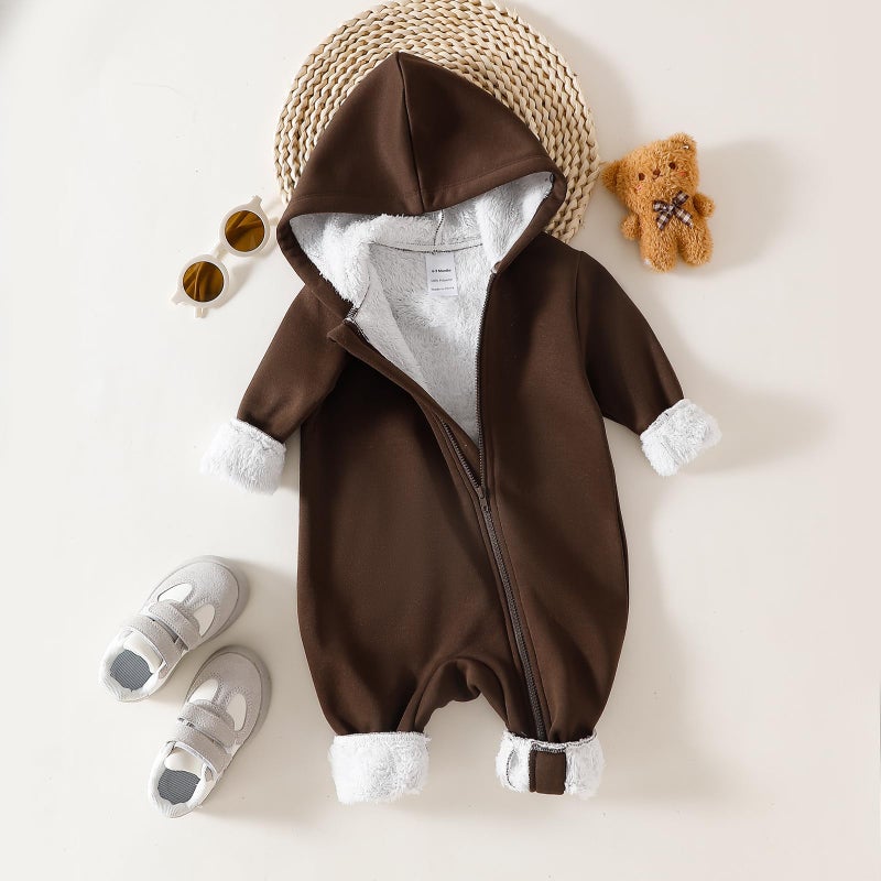 ROMPERINBOX Baby Boy Jumpsuit 2-Way Zipper Romper Hooded Fleece Lined Long Sleeve Footless Solid Outfits (Brown, 12-18 Months) - Image 3