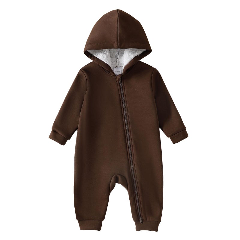 ROMPERINBOX Baby Boy Jumpsuit 2-Way Zipper Romper Hooded Fleece Lined Long Sleeve Footless Solid Outfits (Brown, 12-18 Months) - Image 1
