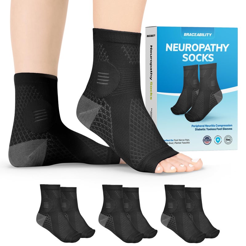 BraceAbility Neuropathy Socks 3 Pairs Multipack Peripheral Compression Diabetic Toeless Foot Sleeves for Nerve Damage in Feet Ankle Gout Plantar Fasciitis Relief for Men and Women L Black