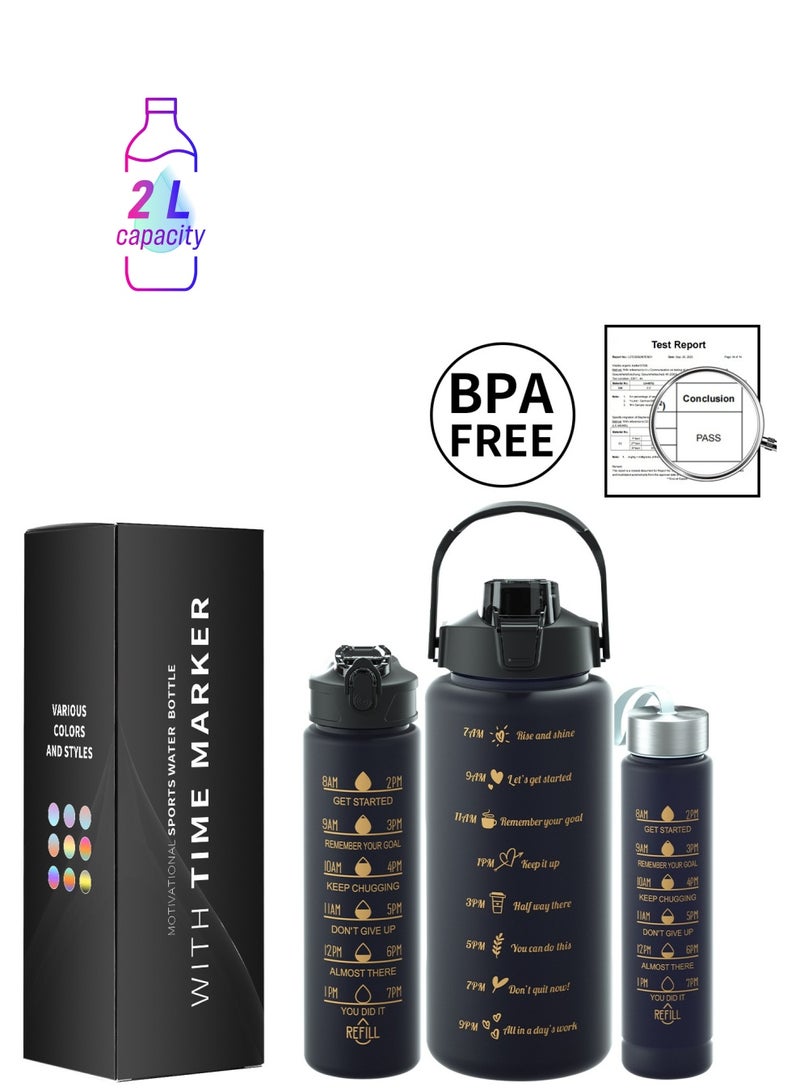 3 in1 large-capacity water bottle set, 300ML, 750ML, 2000ML.A water bottle with its own straw and PP material, suitable for students, families, offices and travelers, and a portable water bottle (black) that meets the drinking needs of different users - Image 1