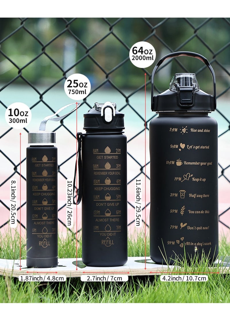 3 in1 large-capacity water bottle set, 300ML, 750ML, 2000ML.A water bottle with its own straw and PP material, suitable for students, families, offices and travelers, and a portable water bottle (black) that meets the drinking needs of different users - Image 2