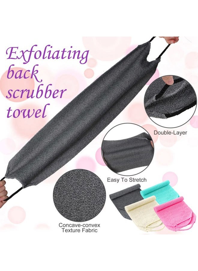 Moukeren - Exfoliating Back Scrubber with Handles 4 Pack Nylon Back Exfoliator Extended Length Washers Scrubbers Stretchable Pull Strap Exfoliating Washcloth(Dark Blue, Gray, Beige, Pink) - Image 1