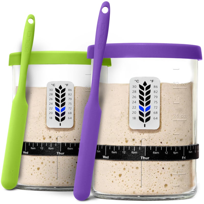 BALCI Premium Sourdough Starter Jar - 40oz Large Sourdough Jar with Marked Feeding Band, Thermometer, Scraper, Cloth Cover and Silicone Lid/Base, Wide Mouth Sourdough Starter Kit - Green/Purple - Image 1