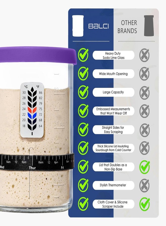 BALCI Premium Sourdough Starter Jar - 40oz Large Sourdough Jar with Marked Feeding Band, Thermometer, Scraper, Cloth Cover and Silicone Lid/Base, Wide Mouth Sourdough Starter Kit - Green/Purple - Image 3