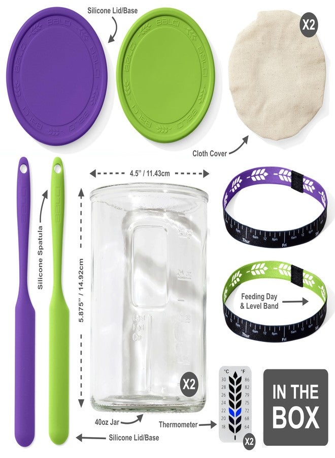 BALCI Premium Sourdough Starter Jar - 40oz Large Sourdough Jar with Marked Feeding Band, Thermometer, Scraper, Cloth Cover and Silicone Lid/Base, Wide Mouth Sourdough Starter Kit - Green/Purple - Image 2