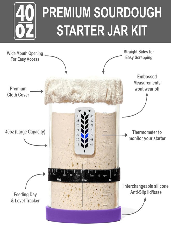 BALCI Premium Sourdough Starter Jar - 40oz Large Sourdough Jar with Marked Feeding Band, Thermometer, Scraper, Cloth Cover and Silicone Lid/Base, Wide Mouth Sourdough Starter Kit - Green/Purple - Image 4