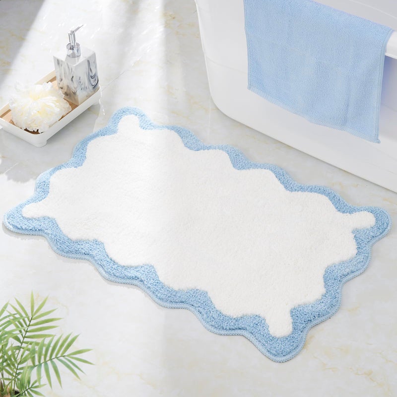 DyeFury Luxury Cute Bathroom Rugs White Bath Mat WBlue Scalloped Edge Microfiber Aesthetic Trendy Funky Fun Preppy Rug Extra Soft Bathroom Mat NonSlip for Tub Shower and Bath Room 30 x 20 - Image 2