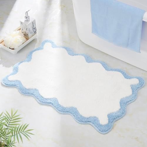 DyeFury Luxury Cute Bathroom Rugs White Bath Mat WBlue Scalloped Edge Microfiber Aesthetic Trendy Funky Fun Preppy Rug Extra Soft Bathroom Mat NonSlip for Tub Shower and Bath Room 30 x 20 - Image 1