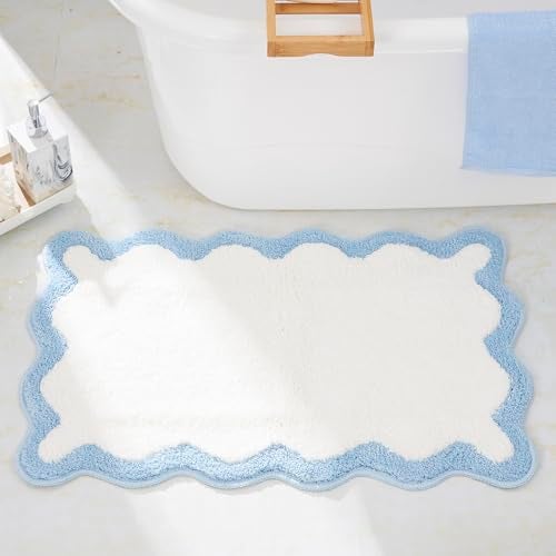 DyeFury Luxury Cute Bathroom Rugs White Bath Mat WBlue Scalloped Edge Microfiber Aesthetic Trendy Funky Fun Preppy Rug Extra Soft Bathroom Mat NonSlip for Tub Shower and Bath Room 30 x 20 - Image 3