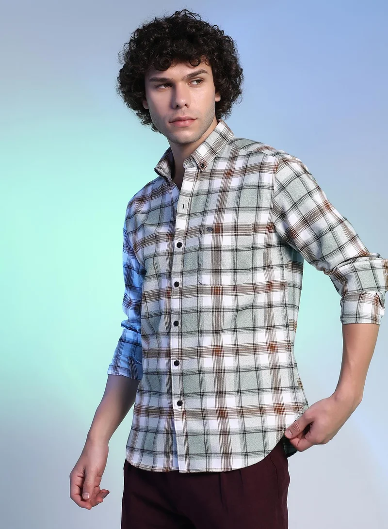 كامبوس سوترا Men's Cloud Grey & Russet Brown Faded-Checkered Shirt