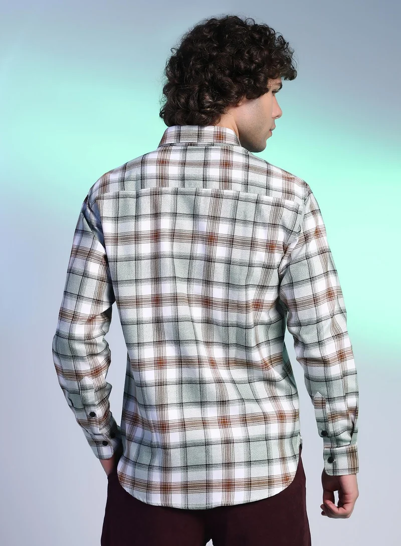 كامبوس سوترا Men's Cloud Grey & Russet Brown Faded-Checkered Shirt