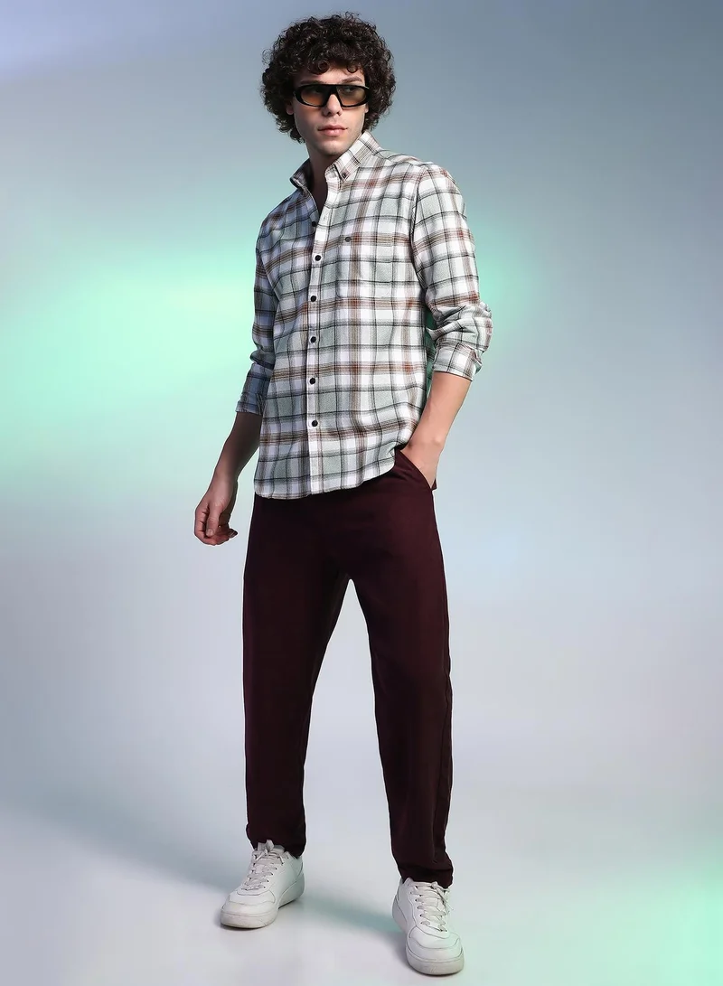 كامبوس سوترا Men's Cloud Grey & Russet Brown Faded-Checkered Shirt