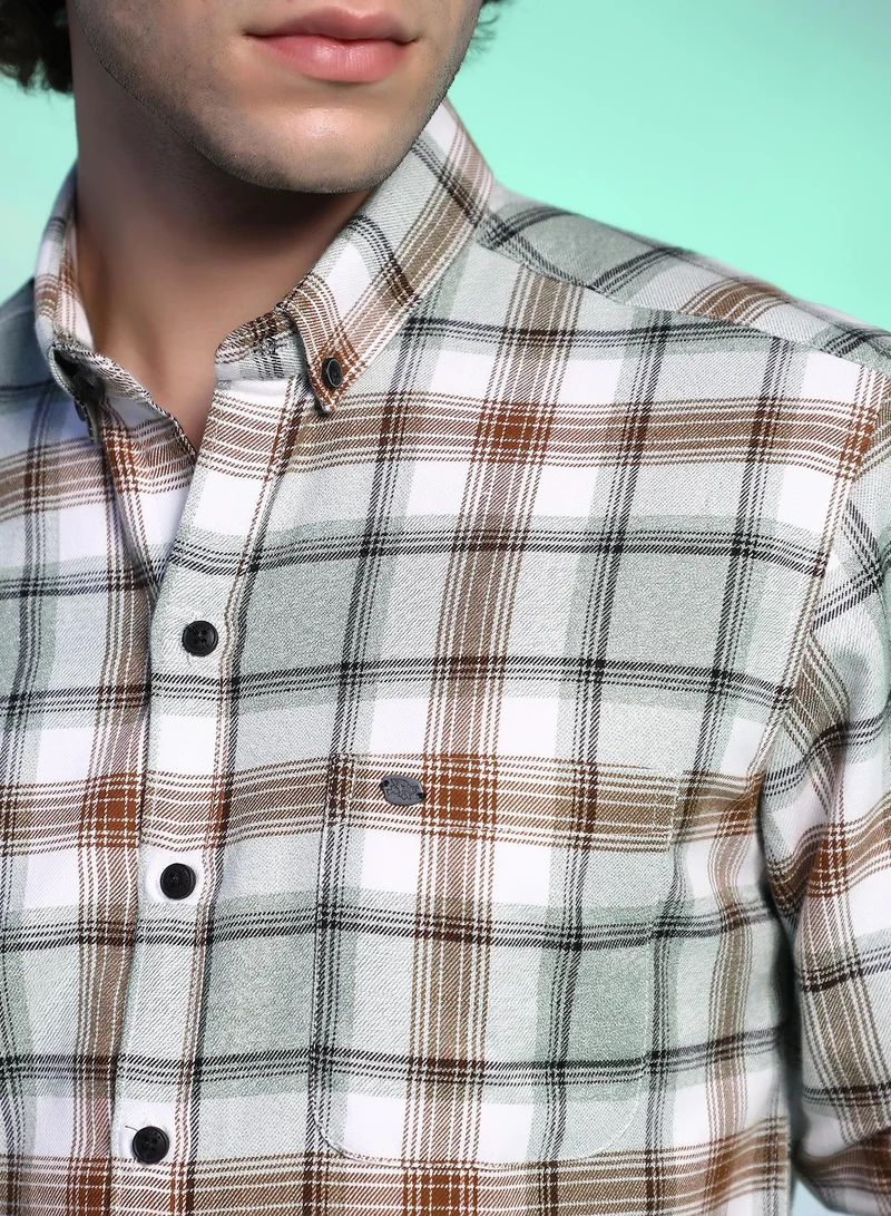 كامبوس سوترا Men's Cloud Grey & Russet Brown Faded-Checkered Shirt