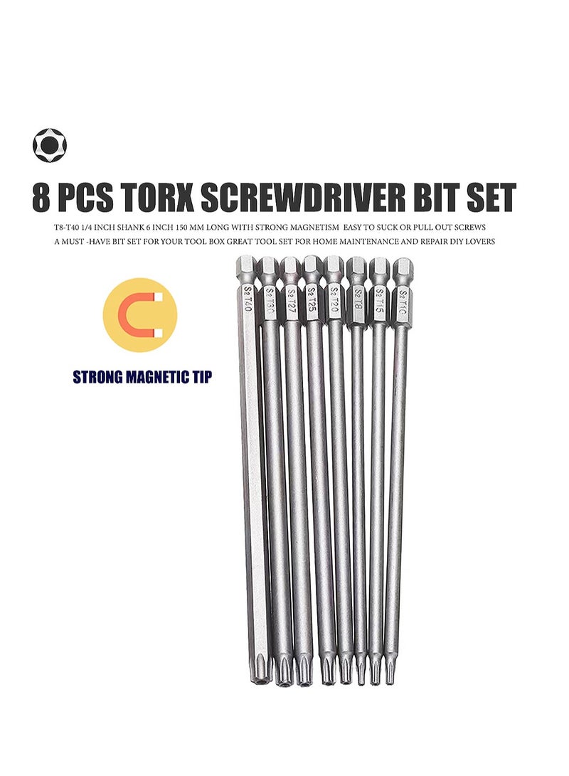 Torx Screwdriver Set 6 Inch (150MM), Yakumuz 1/4-Inch Hex Shank 8PCS Torx Security Tamper Proof Bit Set T8/T10/T15/T20/T25/T27/T30/T40