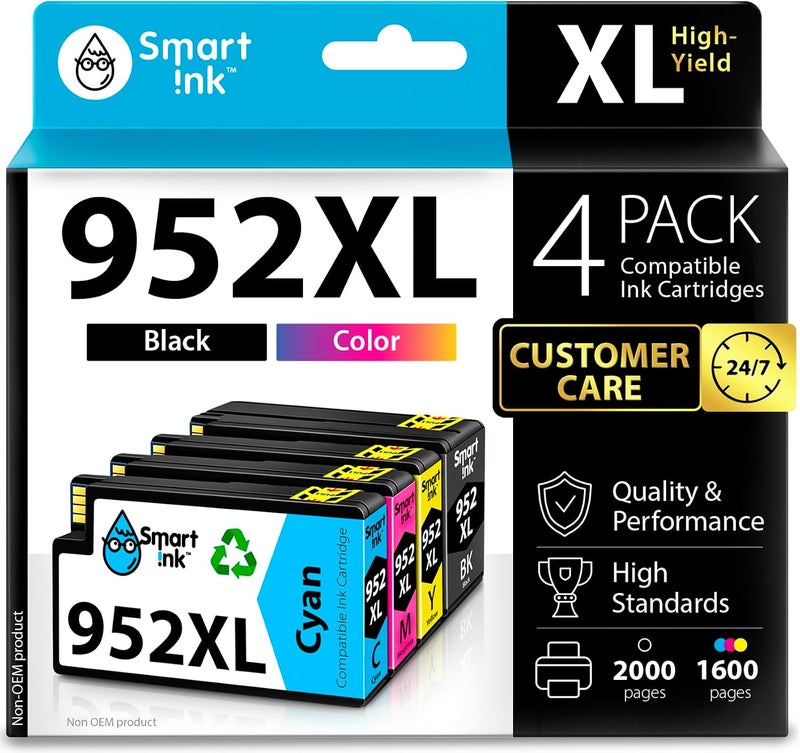 الحبر الذكي خرطوشة حبر متوافقة من Smart Ink لـ HP 952 XL، مجموعة من 4 خرطوشات، تتميز بتقنية شريحة متقدمة، ويمكن استخدامها مع طابعات OfficeJet 8702، OfficeJet Pro 7720، 7740، 8210، 8216، 8710، 8715، 8720، 8725، 8727، 8728، 8730، 8732M، 8740. - Image 1